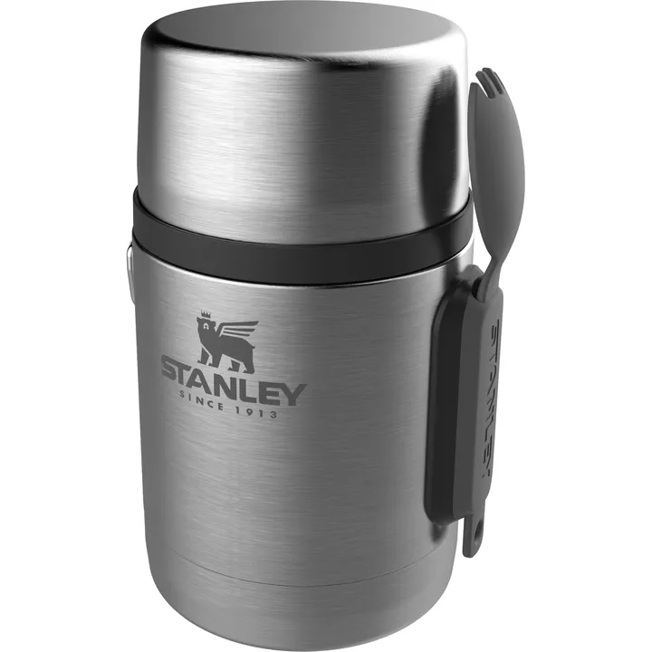 Mattermos från Stanley i silver och krom med en sked fäst på utsidan.