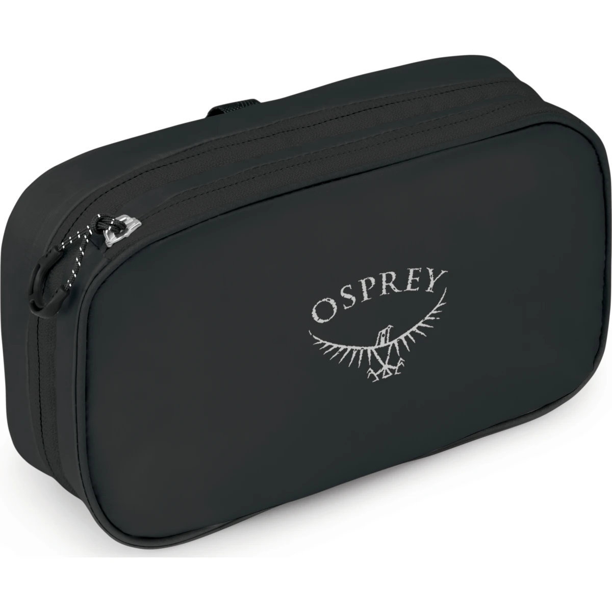 En svart resenecessär med Osprey logo på sidan
